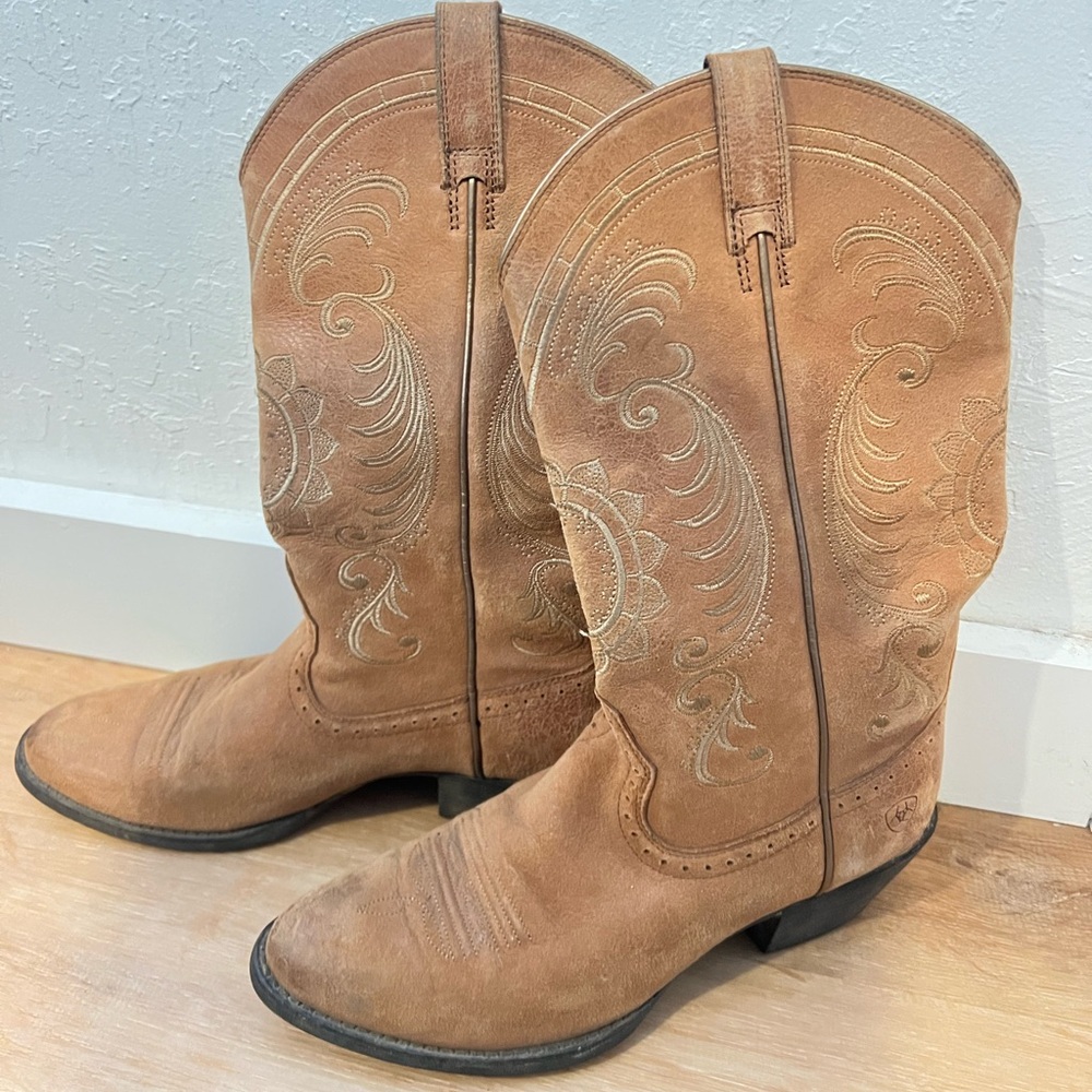 Tan Embroidered Suede Cowboy Boots